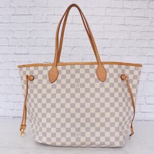 Louis Vuitton Neverfull MM Damier Azur Tote Shoulder Bag Purse White LV Handbag